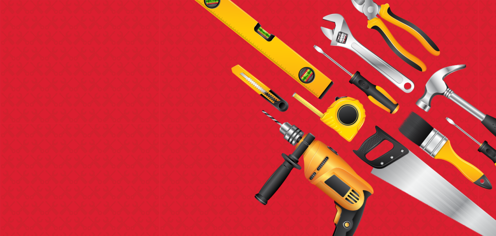 Various construction tools laid overtop of a red background